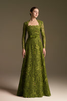 Green I.H.F CULT MIA X trapeze neck A-line gown with long sleeves and guipure lace details.
