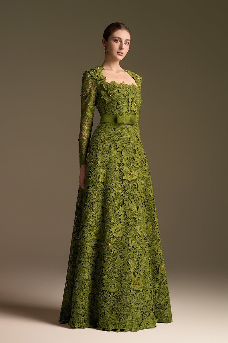 Green I.H.F CULT Mia X trapeze neck A-line gown with long sleeves and intricate guipure lace details.