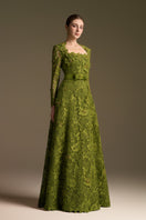 Green I.H.F CULT MIA X trapeze neck A-line gown with long sleeves and guipure lace detailing, elegant and flowing.