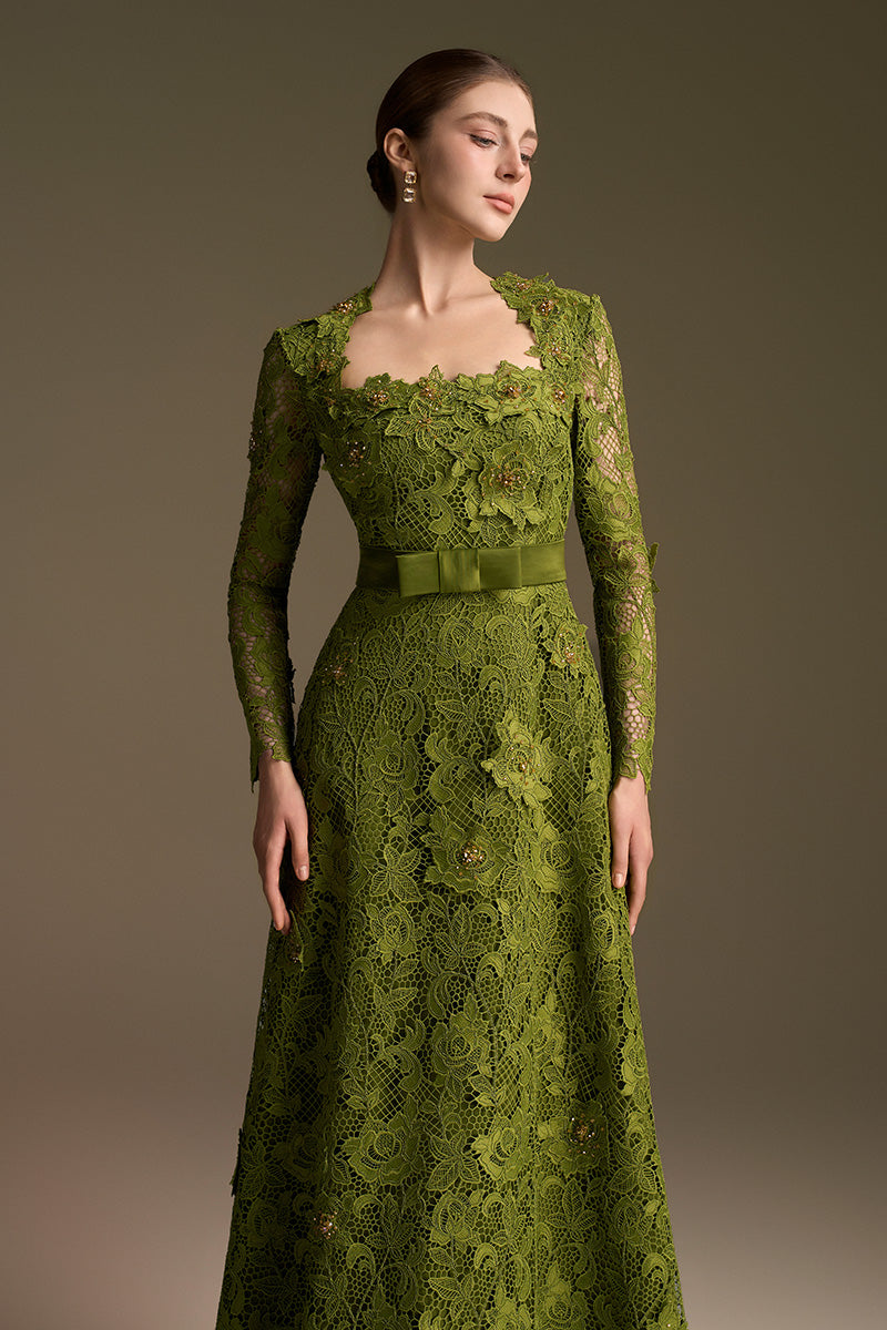 Green I.H.F CULT Mia X trapeze neck A-line gown with long sleeves and guipure lace detailing.