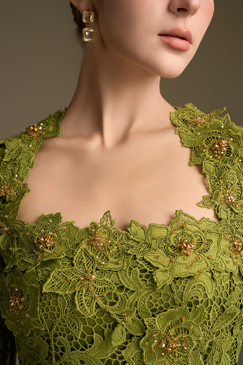 Green CULT MIA X I.H.F trapeze neck A-line gown with long sleeves and guipure lace detailing, elegant and flowing design.