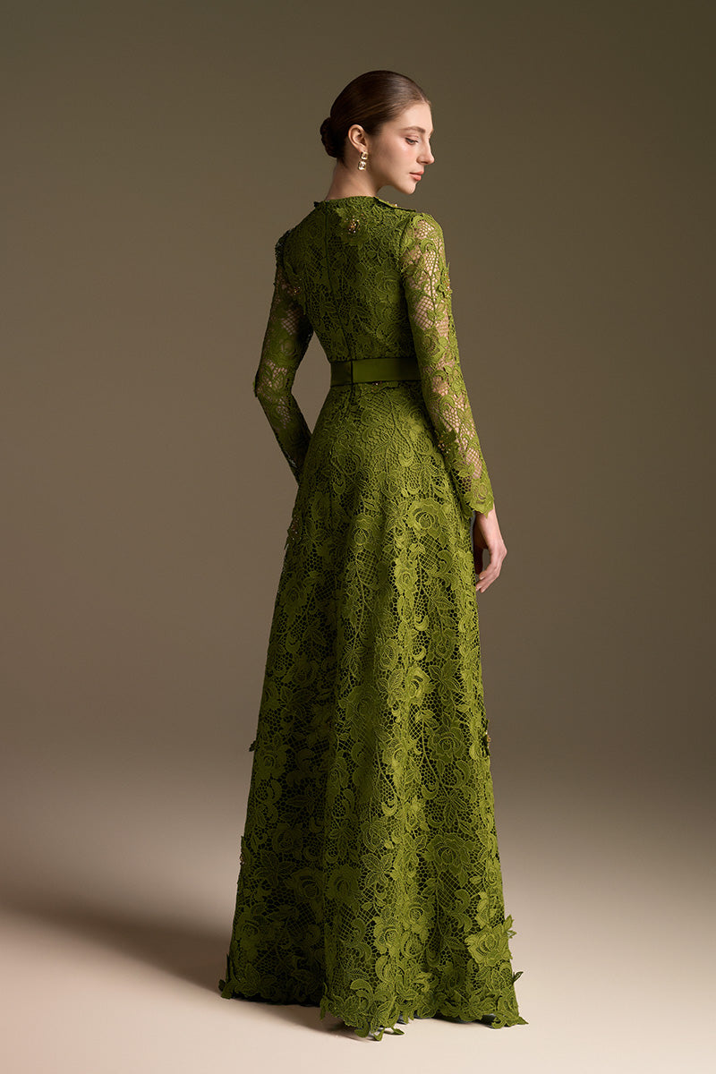 Green I.H.F CULT MIA X trapeze neck A-line gown with long sleeves and intricate guipure lace details.