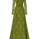 Green I.H.F CULT Mia X trapeze neck A-line gown with long lace sleeves, elegant and flowing for special occasions.