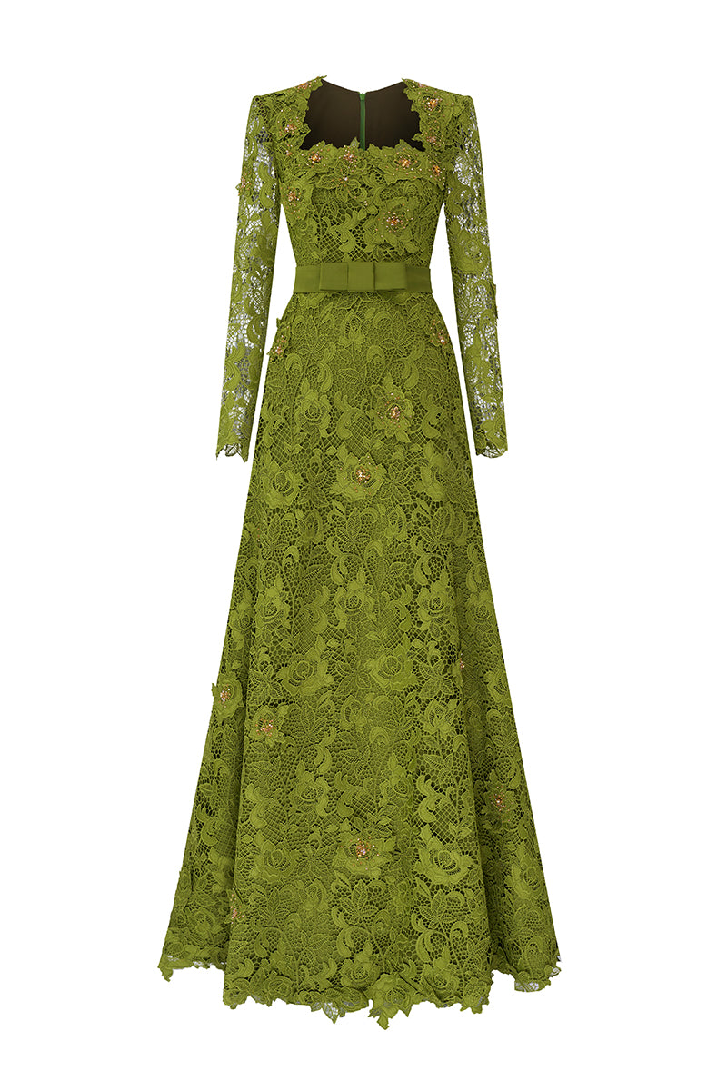 Green I.H.F CULT MIA X trapeze neck A-line gown with long sleeves and guipure lace details.