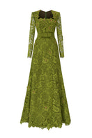 Green I.H.F CULT Mia X trapeze neck A-line gown with long lace sleeves, elegant and flowing for special occasions.