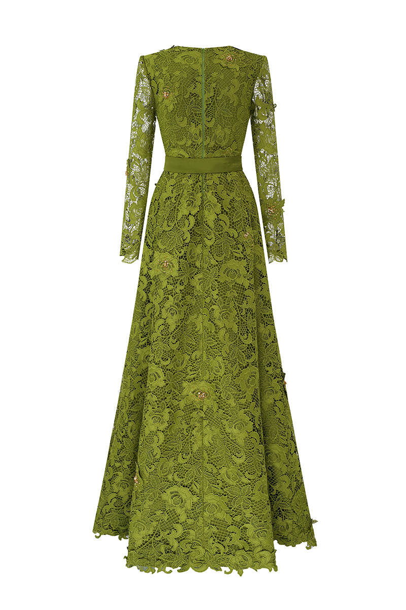 Green CULT MIA X I.H.F trapeze neck A-line gown with long sleeves and guipure lace details, elegant and flowing.