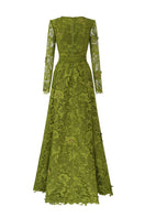 Green I.H.F CULT MIA X trapeze neck A-line gown with long sleeves and guipure lace details.