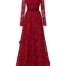 Red I.H.F gown with square guipure lace and silk, featuring a trapeze neckline and long sleeves, in an elegant A-line design.