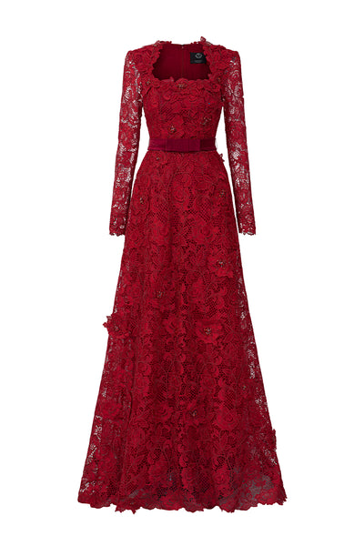 red lace long sleeve dress SQUARE GUIPURE LACE AND SILK GOWN IN RED | CULT MIA