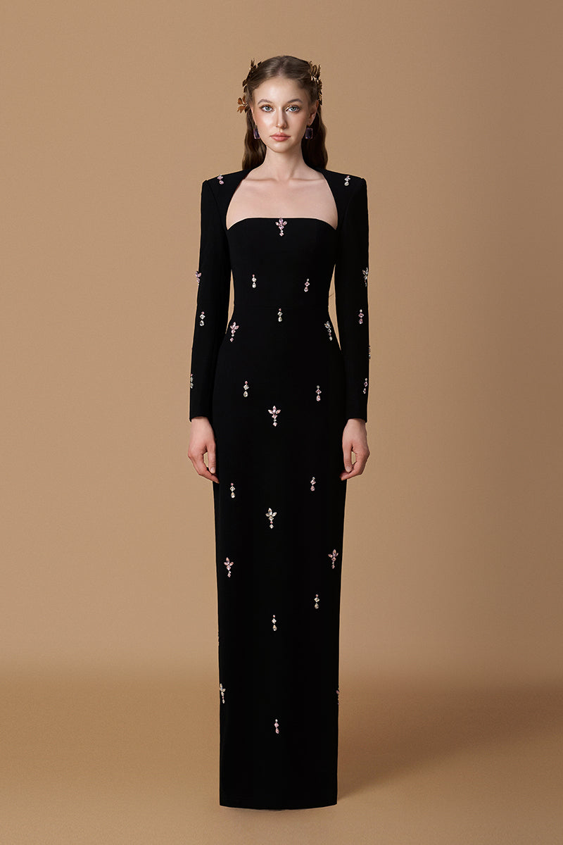 BLACK STONE-EMBELLISHED LONG-SLEEVE GOWN | CULT MIA | Tracy Studio BLACK STONE-EMBELLISHED LONG-SLEEVE GOWN | CULT MIA | Tracy Studio