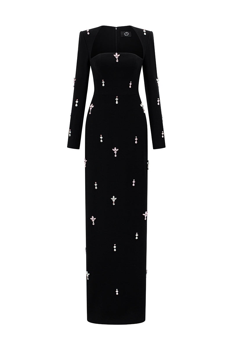 BLACK STONE-EMBELLISHED LONG-SLEEVE GOWN | CULT MIA | Tracy Studio BLACK STONE-EMBELLISHED LONG-SLEEVE GOWN | CULT MIA | Tracy Studio