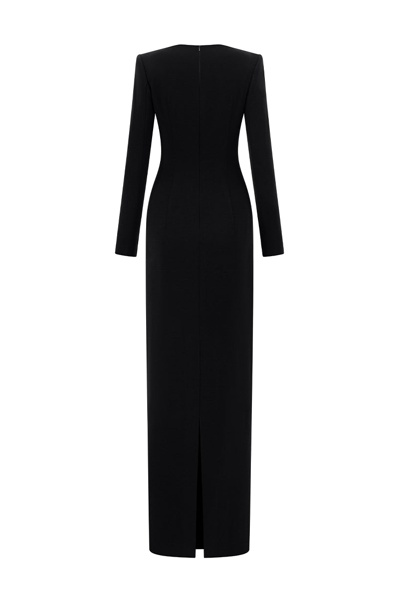 Long black crepe maxi dress with trapeze neckline and long sleeves from I.H.F, featuring pink stone embellishments.