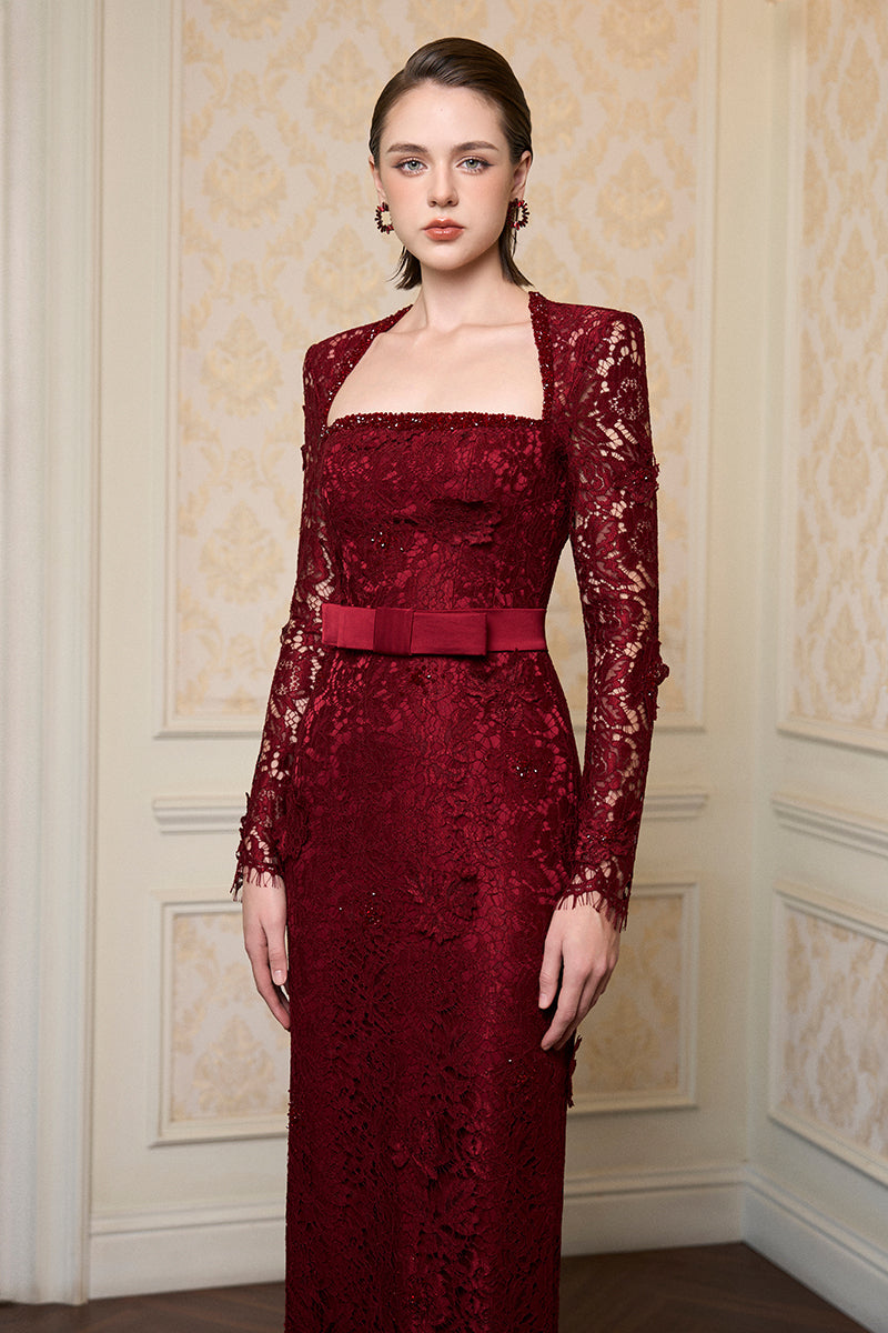 dark red long sleeve maxi dress TRAPEZE LONG SLEEVE DRESS IN RED | CULT MIA
