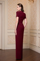 Red I.H.F trapeze short sleeve crepe gown with a relaxed fit and elegant neck design, perfect for formal occasions.