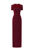 Red I.H.F trapeze short sleeve crepe gown with a trapeze neckline, elegant column silhouette, and smooth crepe fabric.