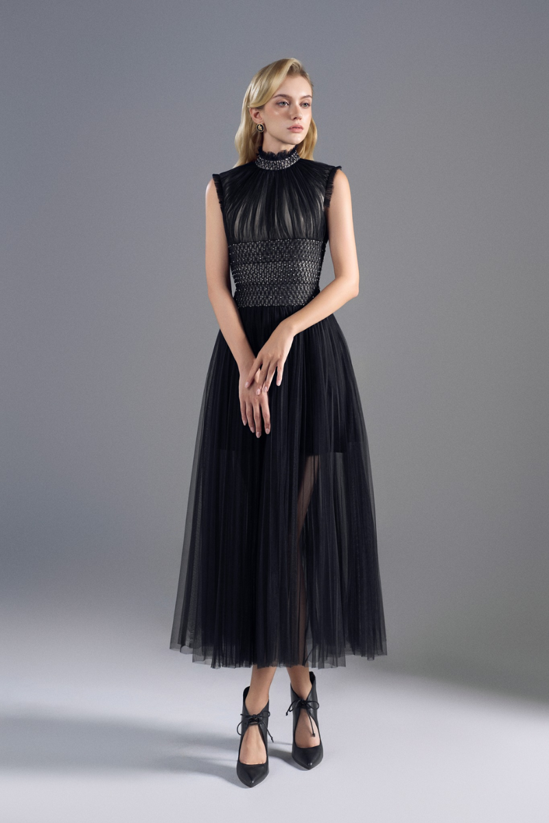 ROSEE de MATIN TULLE HIGH-NECK SEMI SHEER DRESS IN Black