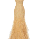 Beige tweed jewel neck mermaid gown by Happy Clothing, featuring a fitted silhouette and elegant design for formal occasions.