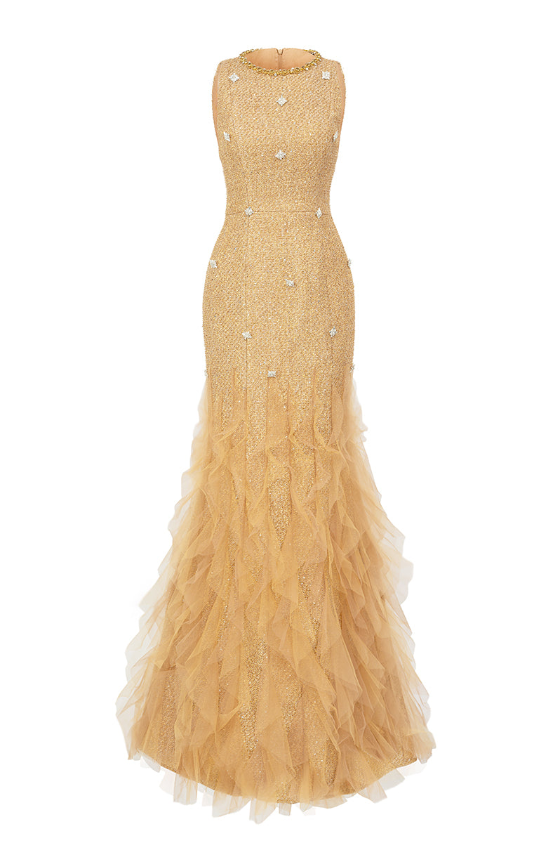 TWEED JEWEL NECK MERMAID MAXI DRESS IN BEIGE - CULT MIA