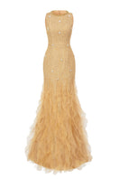 Beige tweed jewel neck mermaid gown by Happy Clothing, featuring a fitted silhouette and elegant design for formal occasions.