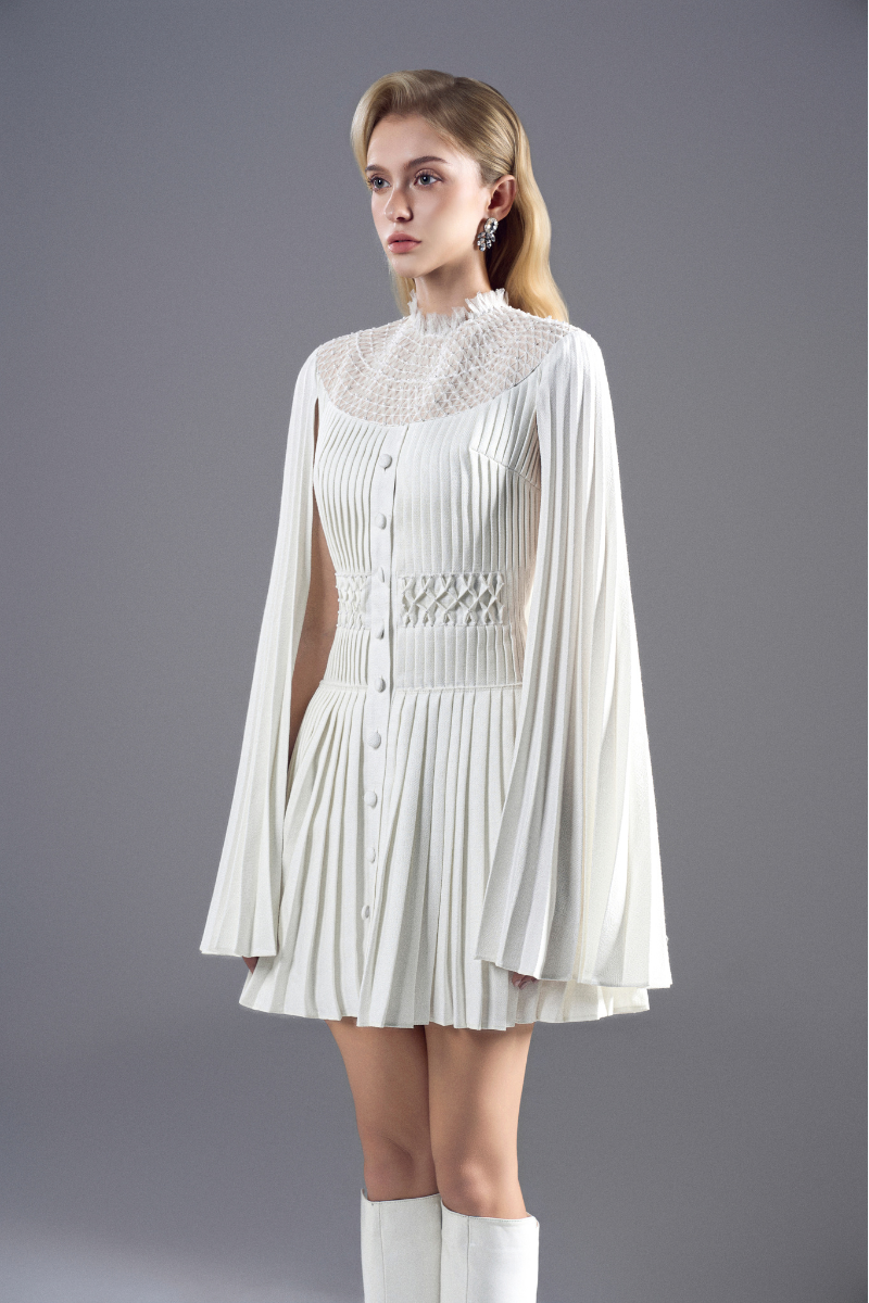 ROSEE de MATIN TWEED HIGH-NECK A-LINE MINI DRESS IN White