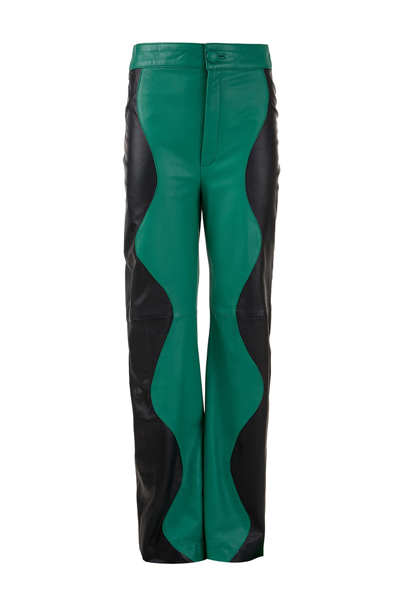 Black and Milano green two-tone leather trousers by MAZ Manuela Álvarez featuring mountain-inspired design and tailored fit.