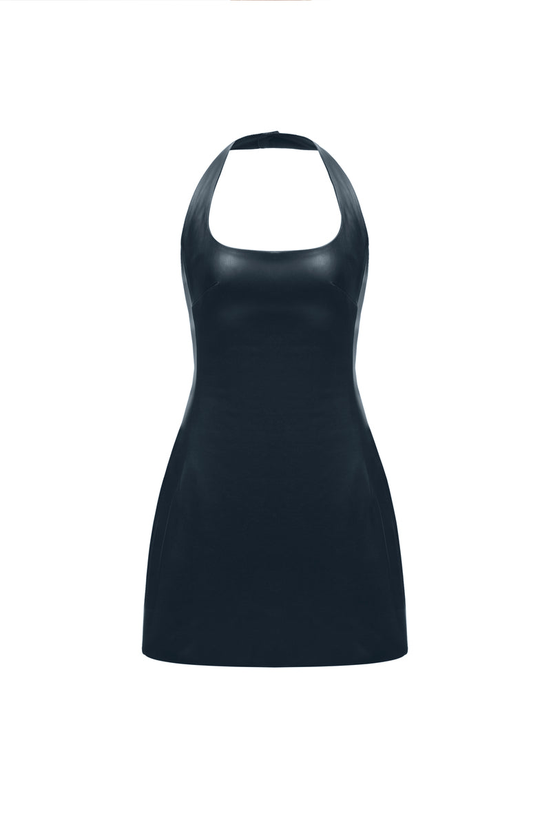 TWO SIDED HALTERNECK LEATHER MINI DRESS IN BLACK - CULT MIA