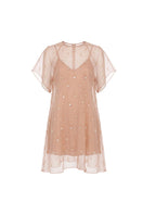 MASTANI UNA embellished mini dress and Asim silk skirt set in nude ghost, stylish and elegant for fashionable occasions.