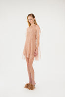 MASTANI UNA embellished mini dress and Asim silk skirt set in nude, stylish and elegant outfit for special occasions.