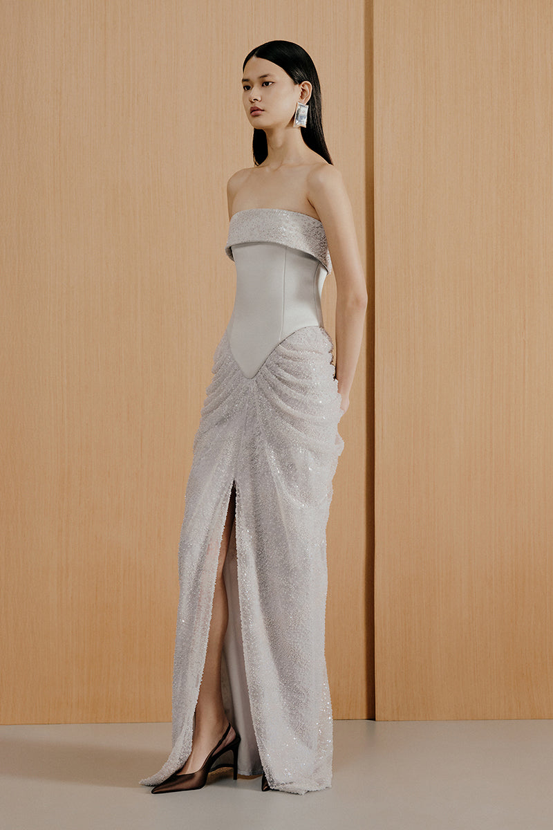 Urban Muse Lumera Grey Gown, elegant and flowing design, featuring soft fabric and modern silhouette.