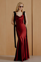 Urban Muse burgundy maxi gown with flowing fabric and elegant design, perfect for formal occasions.