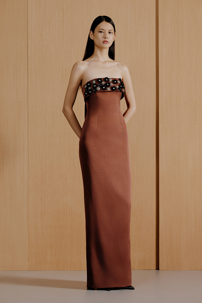 Urban Muse Valen maxi dress in brown, flowing gown with elegant design, perfect for formal occasions and stylish evening wear.
