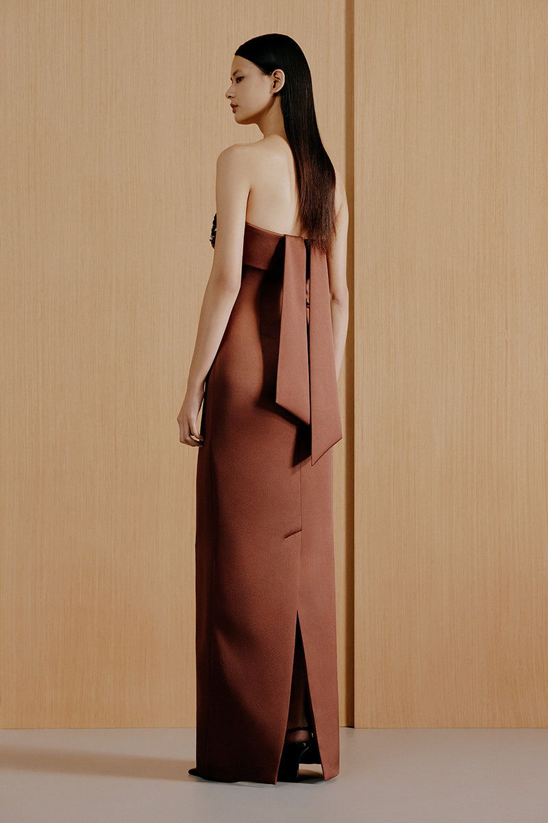 Urban Muse Valen maxi dress in brown, elegant gown with flowing fabric and stylish design, perfect for formal occasions.