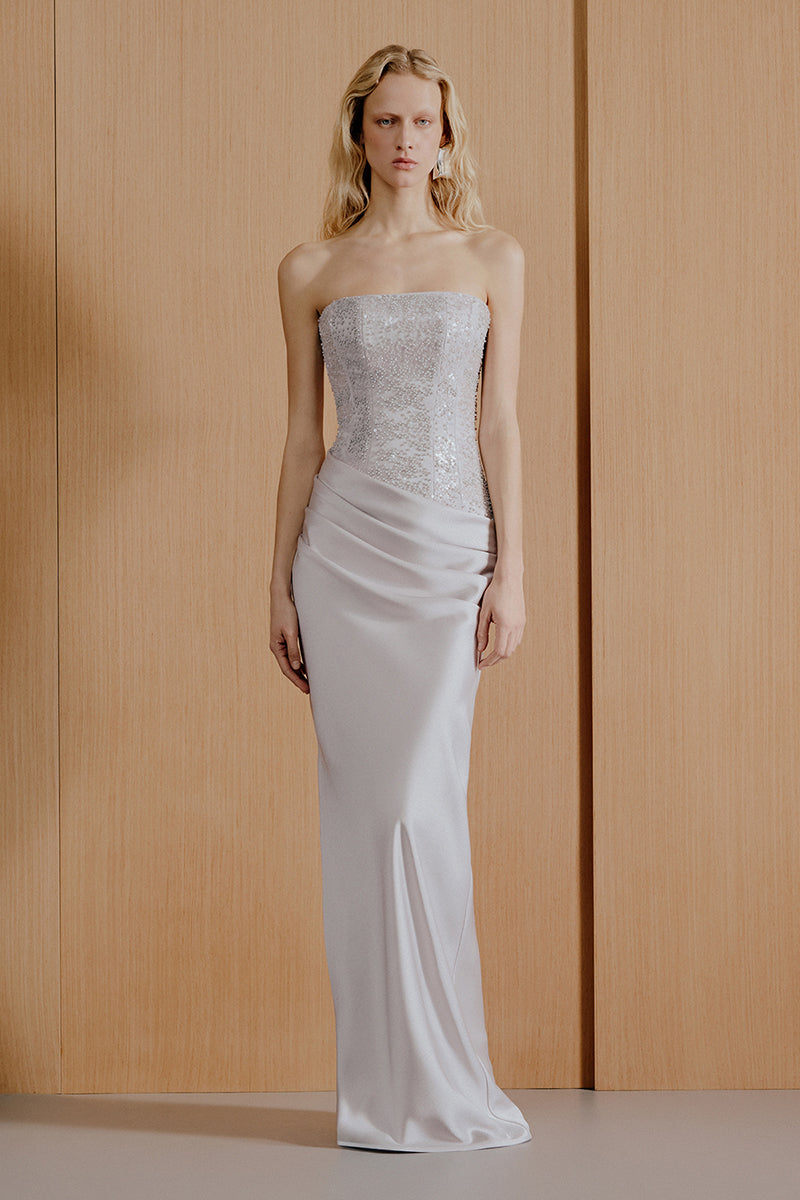 Urban Muse Clarisse gown in grey, elegant full-length dress with flowing fabric and stylish design for formal occasions.