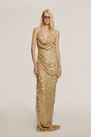 Elegant gold maxi dress by Urban Muse featuring flowing fabric and a stylish silhouette, perfect for formal occasions.