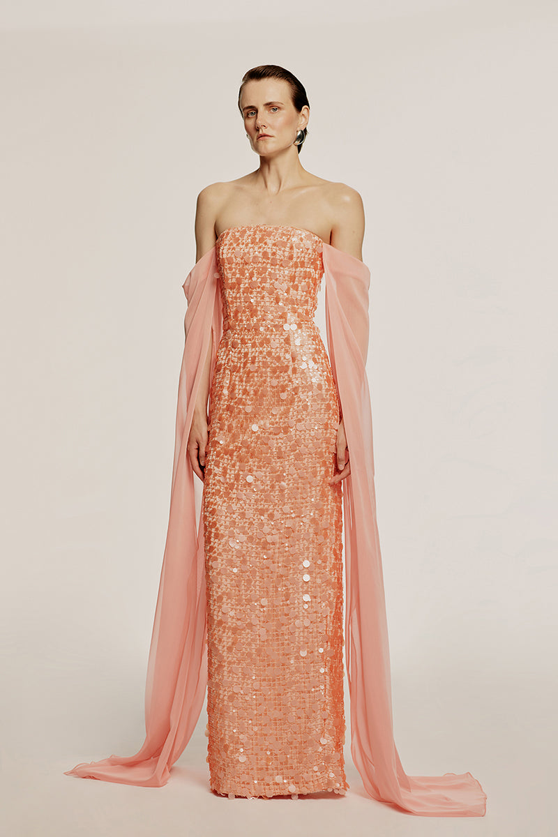peach sequin maxi dress Leilani Sequin Mesh Maxi Dress - Peach