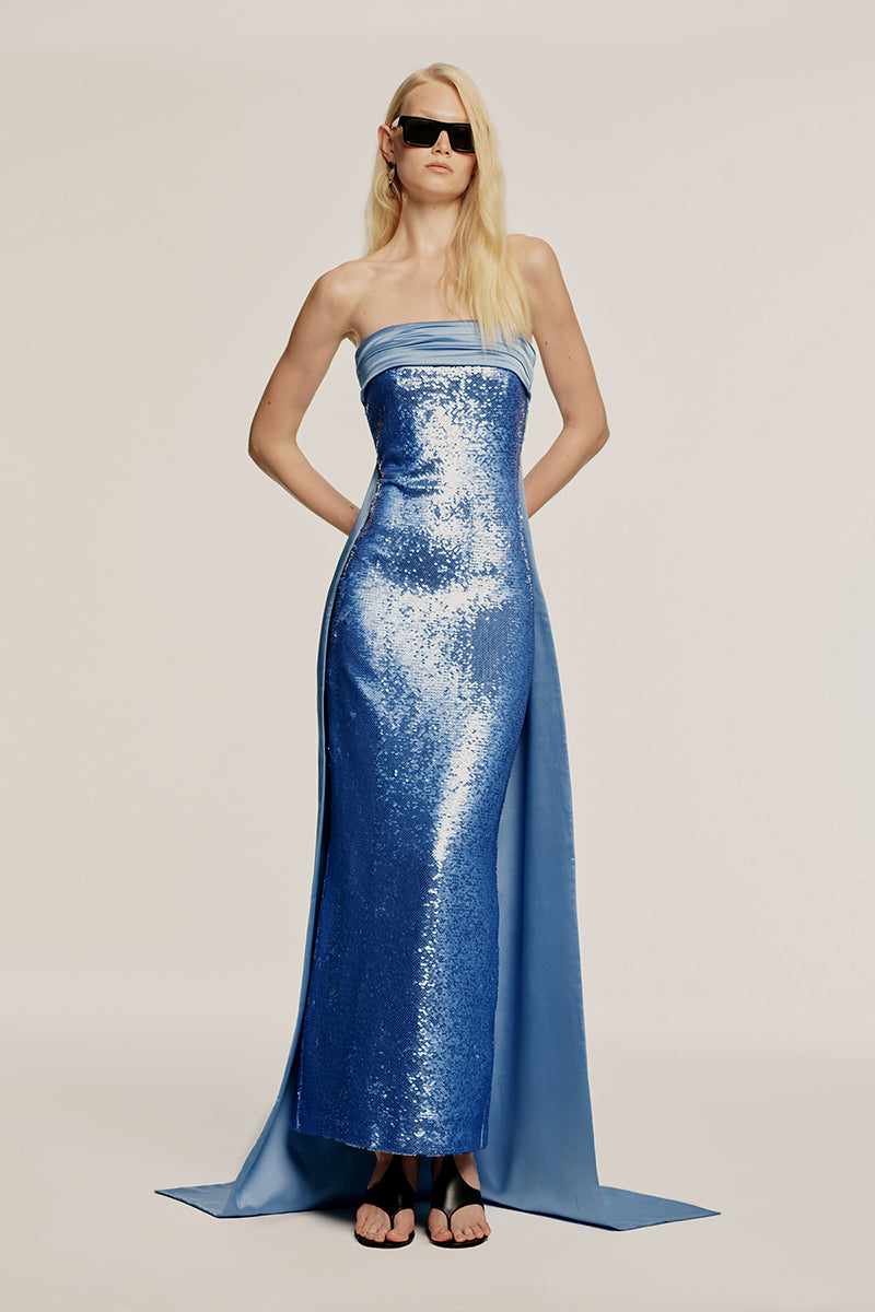 Blue ALDA gown by URBAN MUSE, featuring elegant fabric and stylish design, perfect for formal occasions.