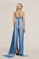 Urban Muse ALDA blue gown, elegant dress with flowing fabric, showcased in a stylish lookbook image.