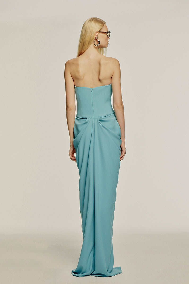 Elegant aqua blue embellished gown by Urban Muse, featuring intricate details and a flowing silhouette.