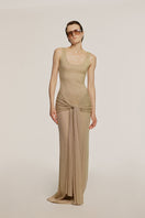 Urban Muse Helios maxi dress in gold, flowing sleeveless design with elegant drape, ideal for summer or formal occasions.