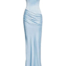 Sky blue URBAN MUSE CLYMENE maxi dress displayed on a hanger, featuring flowing fabric and a stylish, elegant silhouette.