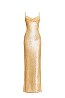Urban Muse Aurelia gold maxi dress, flowing fabric and elegant design, perfect for stylish occasions.