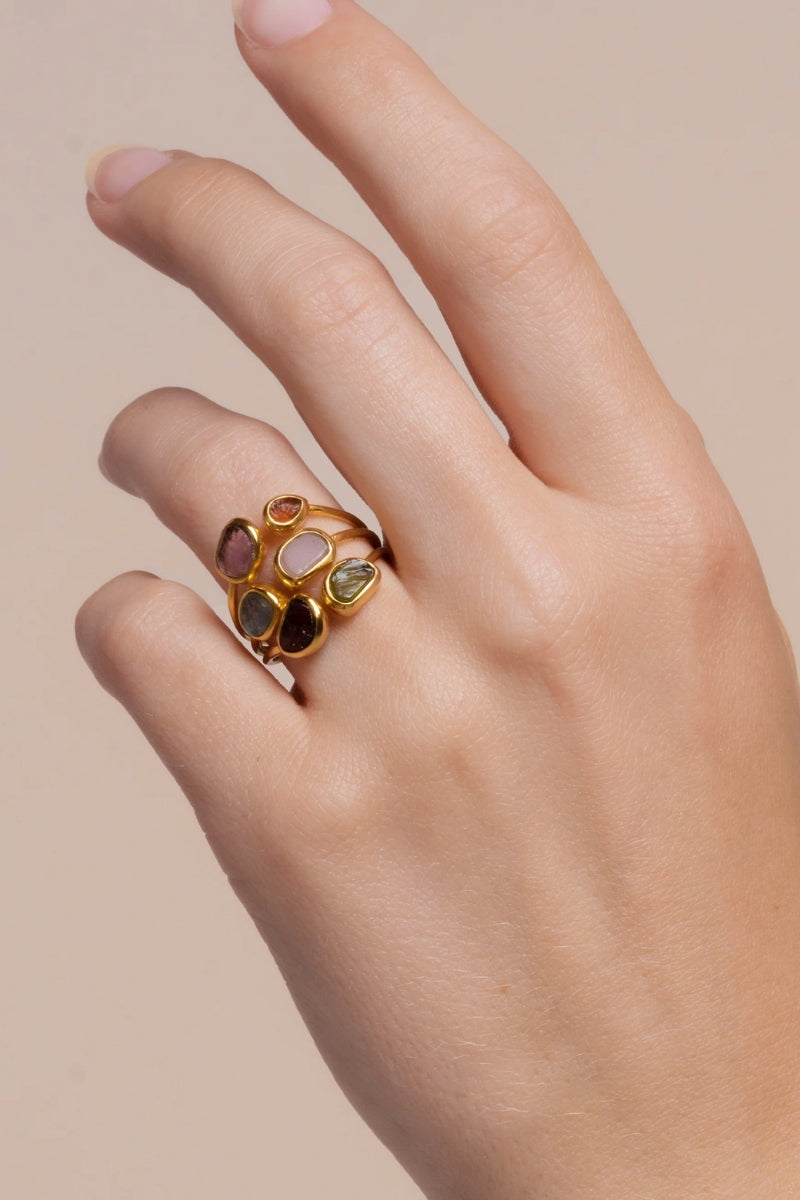 Multicolor Unalome ring by Lavani Jewels featuring intricate design and vibrant hues, perfect for boho and spiritual jewelry styles.