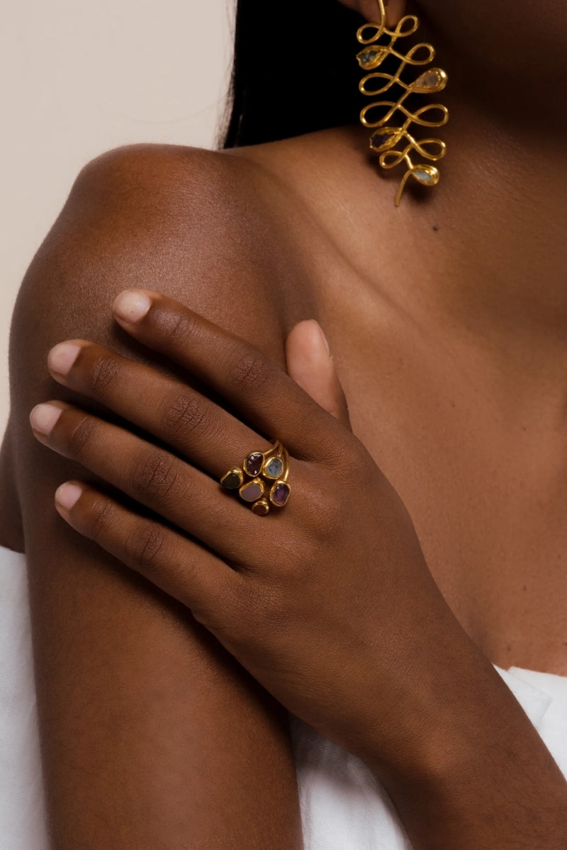 Multicolor Unalome ring by Lavani Jewels featuring intricate design and vibrant hues, perfect for boho or spiritual jewelry styles.