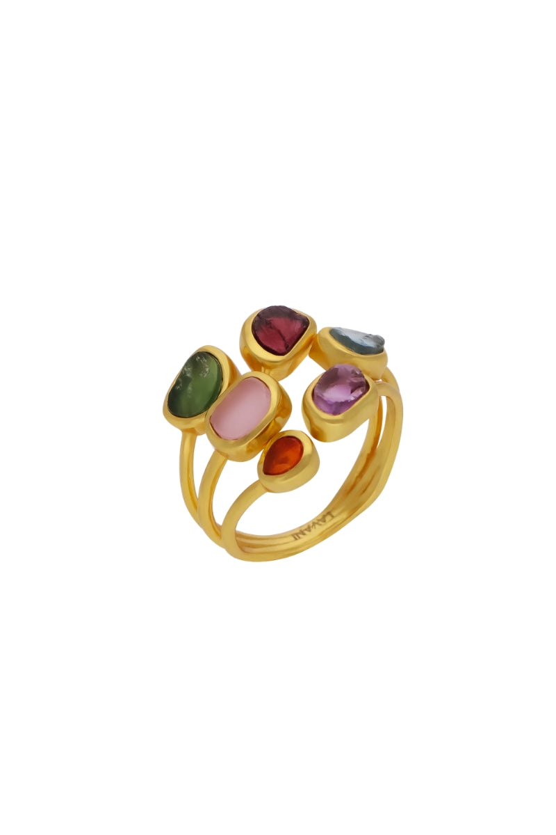 Multicolor Unalome ring by Lavani Jewels featuring intricate design and vibrant hues, perfect for boho or spiritual jewelry styles.
