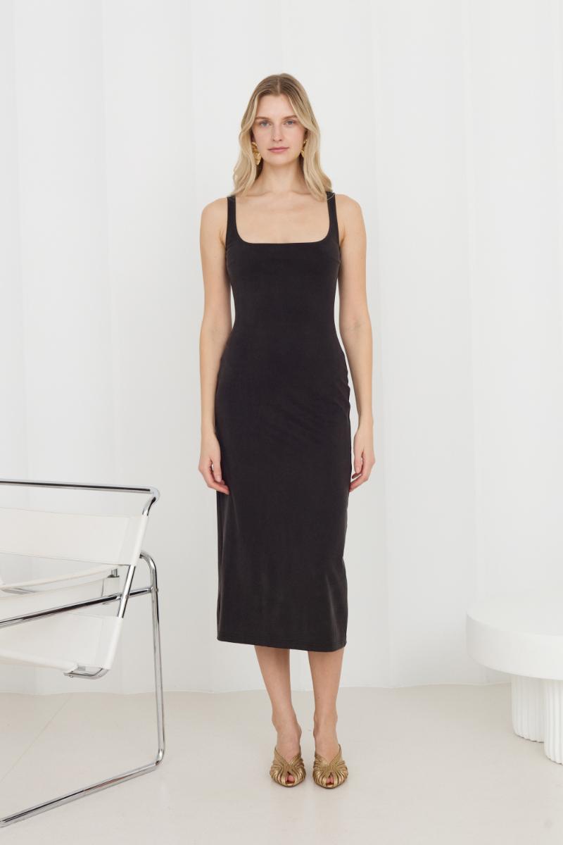 Black Olivia midi bodycon dress with square neckline from UNDRESS, shown on a model, emphasizing the fitted silhouette and stylish design.