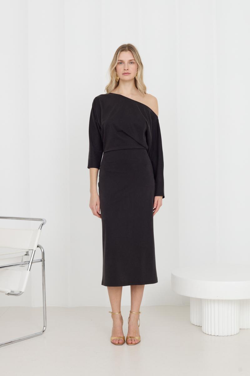 UNDRESS THEA Black OFF-SHOULDER JERSEY MIDI DRESS | Cult Mia UNDRESS THEA Black OFF-SHOULDER JERSEY MIDI DRESS | Cult Mia