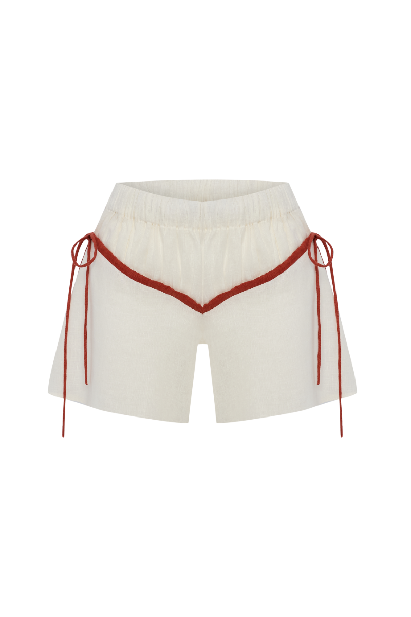 COLETTE ECRU AND RED LINEN TIE SHORTS