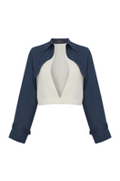 Labeca Claudia ecru and indigo linen layered jacket showing its stylish, lightweight design with layered fabric details.