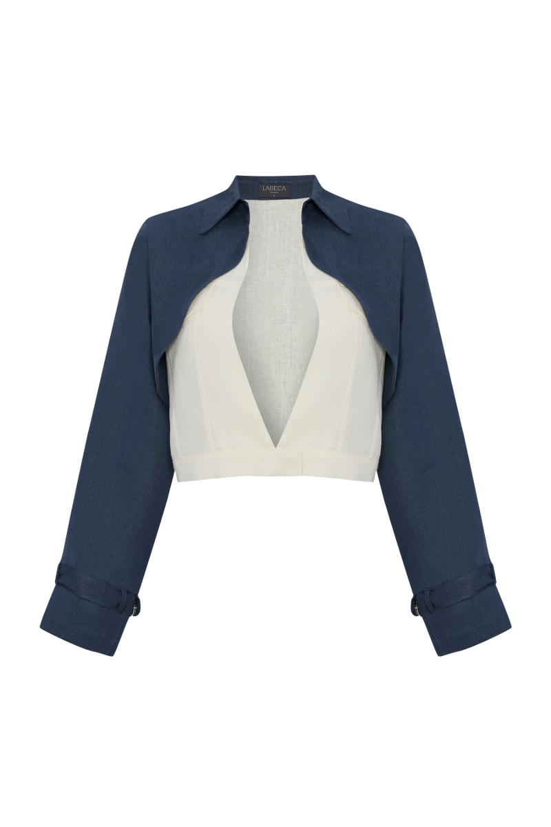 Labeca Claudia ecru and indigo linen layered jacket showing its stylish, lightweight design with layered fabric details.