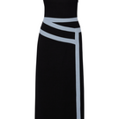 Labeca Elena strapless black linen tape midi dress displayed on a model, showcasing its sleek, minimalist design.